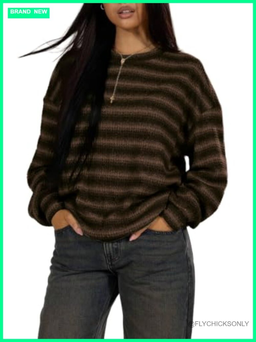 Waffle Knit Striped Pullover Sweater Loose Oversized Long Sleeve Crewneck